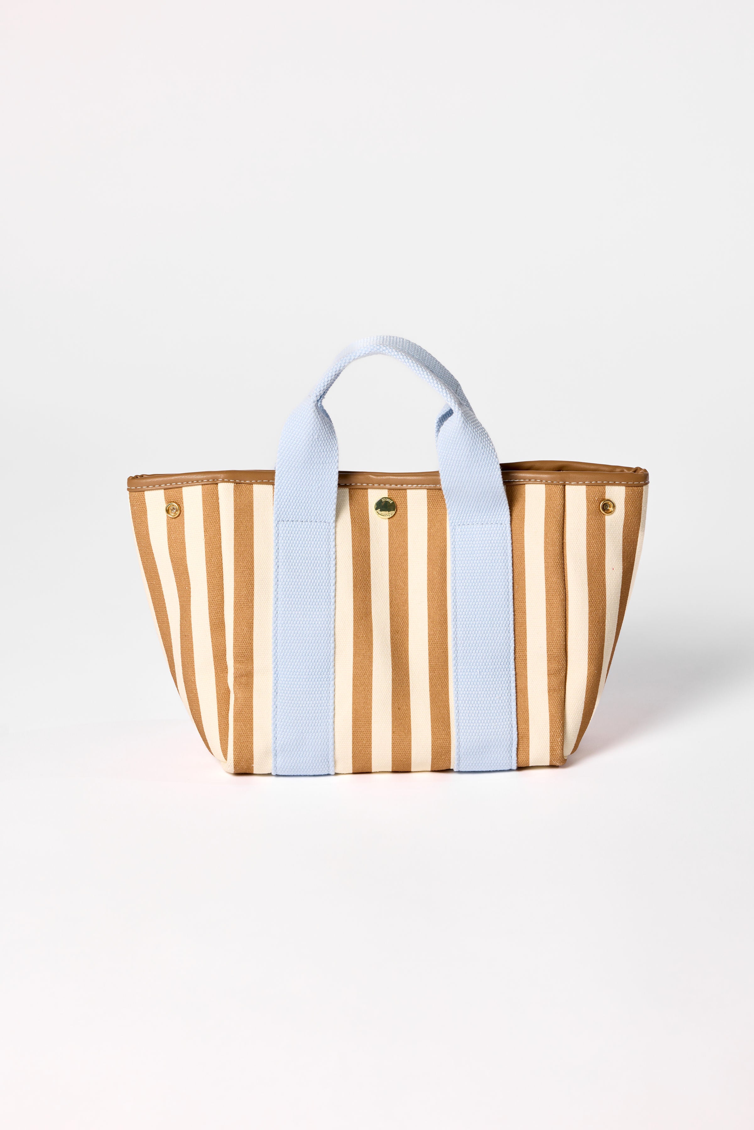 Striped tote bag with blue handles on a white background